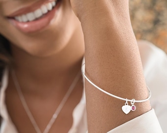 Bracelet fin personnalisé avec breloque coeur et pierre de naissance en argent sterling • Bracelet initiales • Cadeau pour elle • Cadeau de mariage • Boutique Bloom