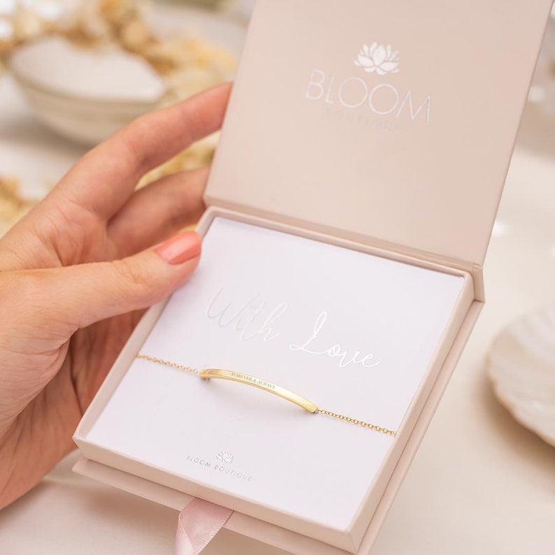 Gold Personalised Curved Skinny Bar Message Bracelet in Luxury Gift Box