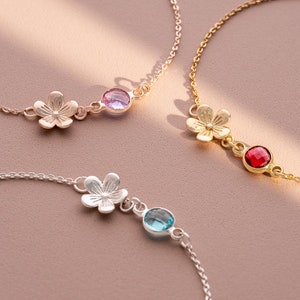 Silver, Rose Gold and Gold Plated Flower Charm and Birthstone Personalised Slider Bracelet