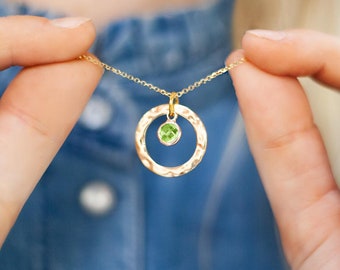 Hammered Halo August Birthstone Personalised Necklace • Peridot Birthstone • Gift For Her • Wedding Gift • Bloom Boutique