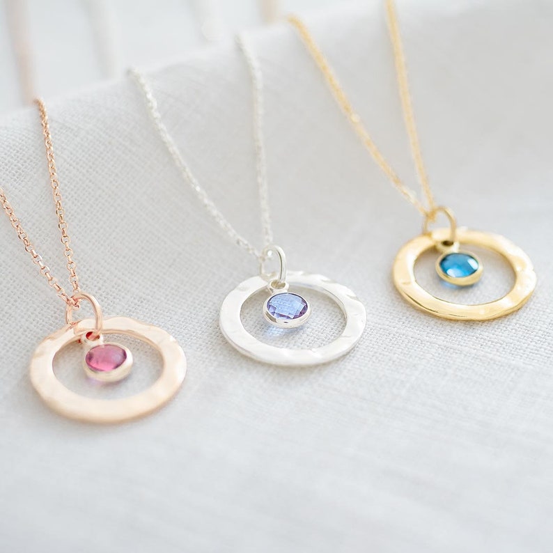 Three Hammered Halo Birthstone Personalised Necklaces in rose gold, silver, champagne gold.