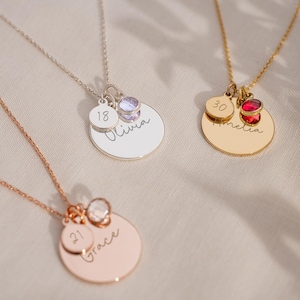 Personalised Birthday Disc Name Necklace available in Sterling Silver, Gold Plated Sterling Silver and Rose Gold Plated Sterling Silver