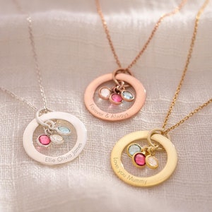 Three Family Eternal Ring and Birthstone Personalised Necklaces in gold, rose gold and silver