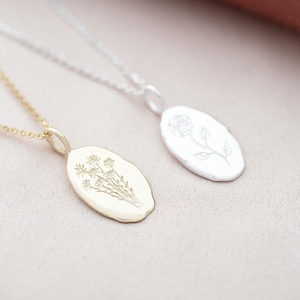Sterling Silver Oval Birth Flower Personalised Necklace • Floral Jewellery • Gift For Her • Wedding Gift • Bloom Boutique
