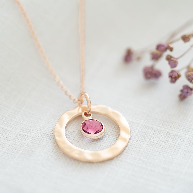 Rose Gold Plated Hammered Halo Birthstone Personalised Necklace