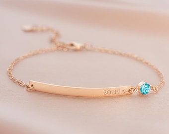 Bracelet personnalisé avec pierre de naissance et barre de mars • Pierre de naissance aigue-marine • Cadeau pour elle • Cadeau d'anniversaire • Boutique Bloom