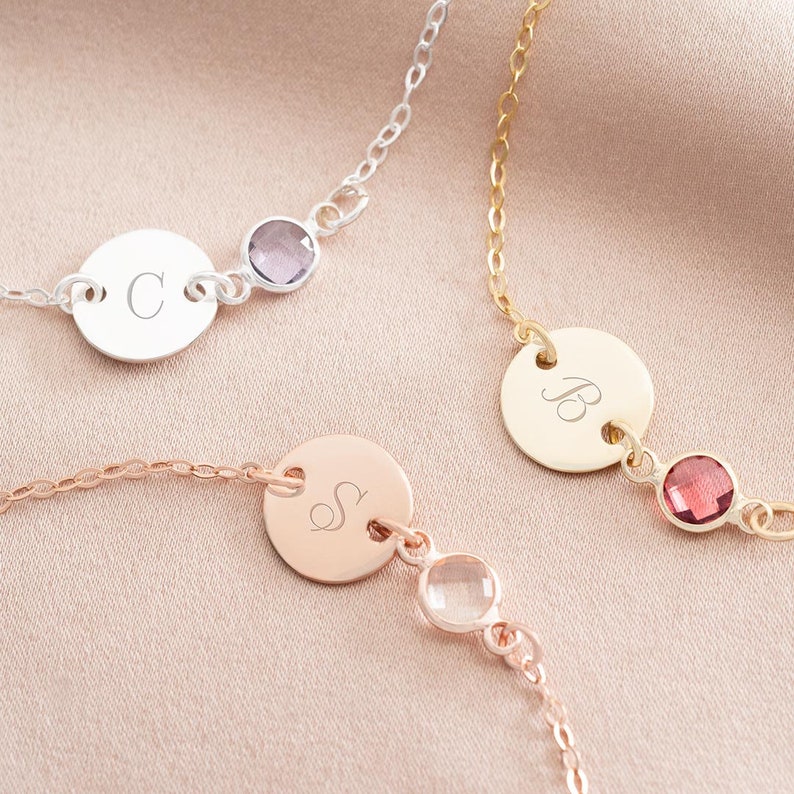 Silver, Rose Gold and Champagne Gold Initial Disc and Birthstone Bracelet