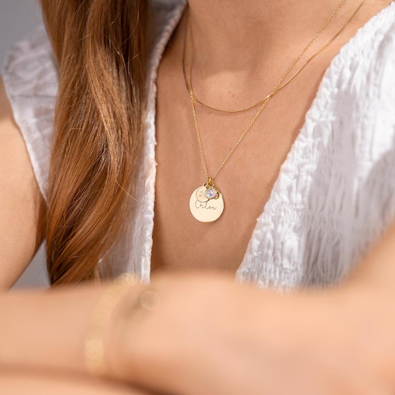 Gold Birthday Disc Name Necklace, large disk with name engraved, small disk with age 21 engraved and birthstone.