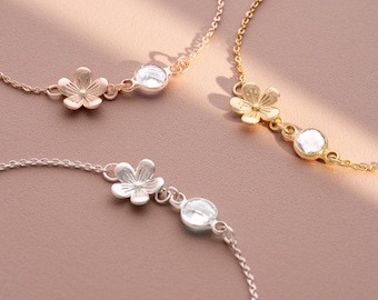 Flower Charm and April Birthstone Personalised Slider Bracelet • Diamond Birthstone • Gift For Her • Wedding Gift • Bloom Boutique