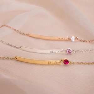 Birthstone and Bar Personalised Bracelet in Rose Gold , Gold and Silver with an Engraved Name