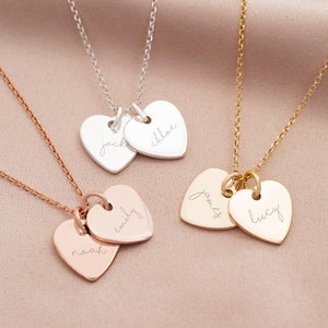 double heart name necklaces in silver, gold and rose gold