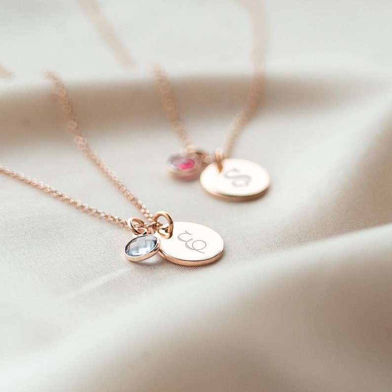 Script Style Initial on Rose Gold Disc Necklace with Birthstone charm Product Shot