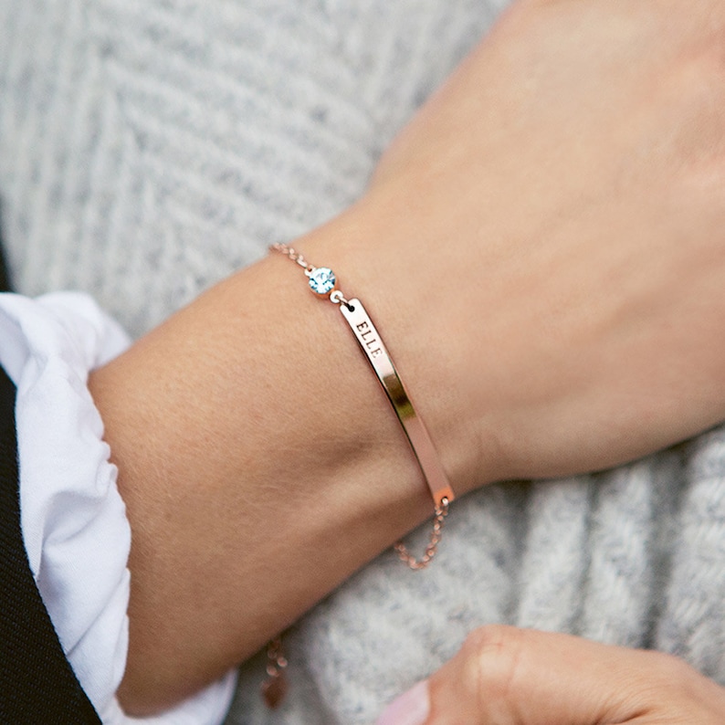 Birthstone and Bar Personalised Bracelet in Rose Gold with Aquamarine Birthstone