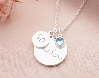 Silver Esme Birthday Disc and Birthstone Personalised Name Necklace • Initial Jewellery • Gift For Her • Birthday Gift • Bloom Boutique