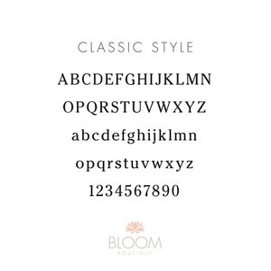 An example of the font used for your personalisation. Example of alphabet and Numbers in Classic Font.