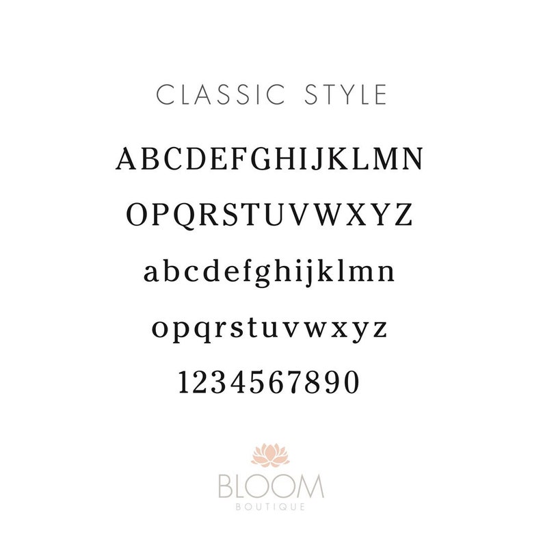 An example of the font used for your personalisation. Example of alphabet and Numbers in Classic Font.