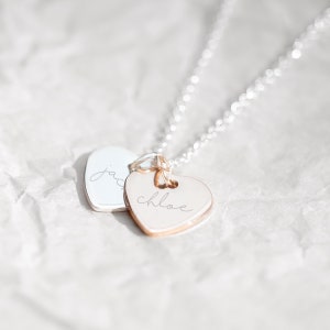 Personalised Double Heart Name Necklace with Silver Chain with Silver Heart and Rose Gold Heart Charms.