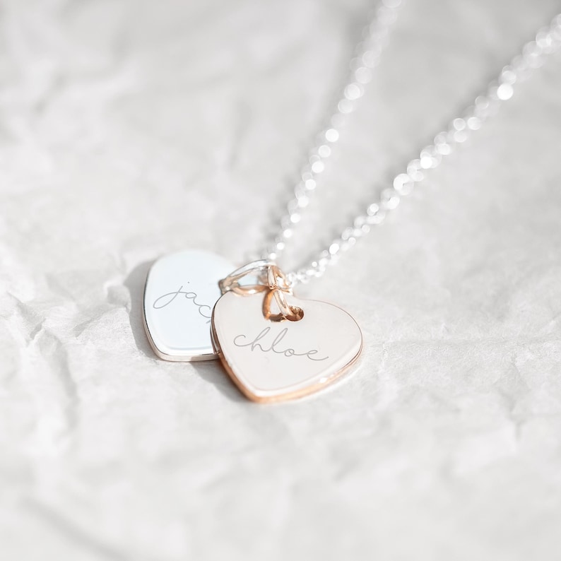 Personalised Double Heart Name Necklace with Silver Chain with Silver Heart and Rose Gold Heart Charms.