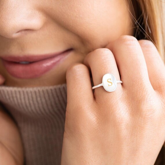 Mother of Pearl Personalised Initial Oval Ring Personalised Ring