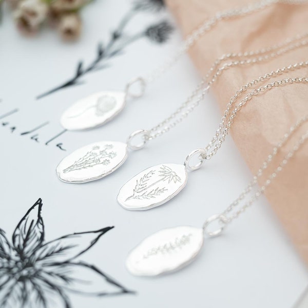 Sterling Silver Oval Birth Flower Personalised Necklace • Birth Flower Jewellery • Gift For Her • Birthday Gift • Bloom Boutique
