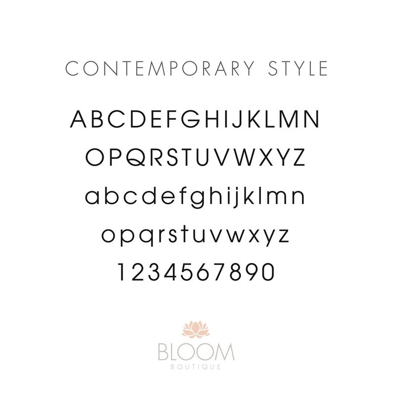 An example of the font used for your personalisation. Example of alphabet and Numbers in Contemporary Font.