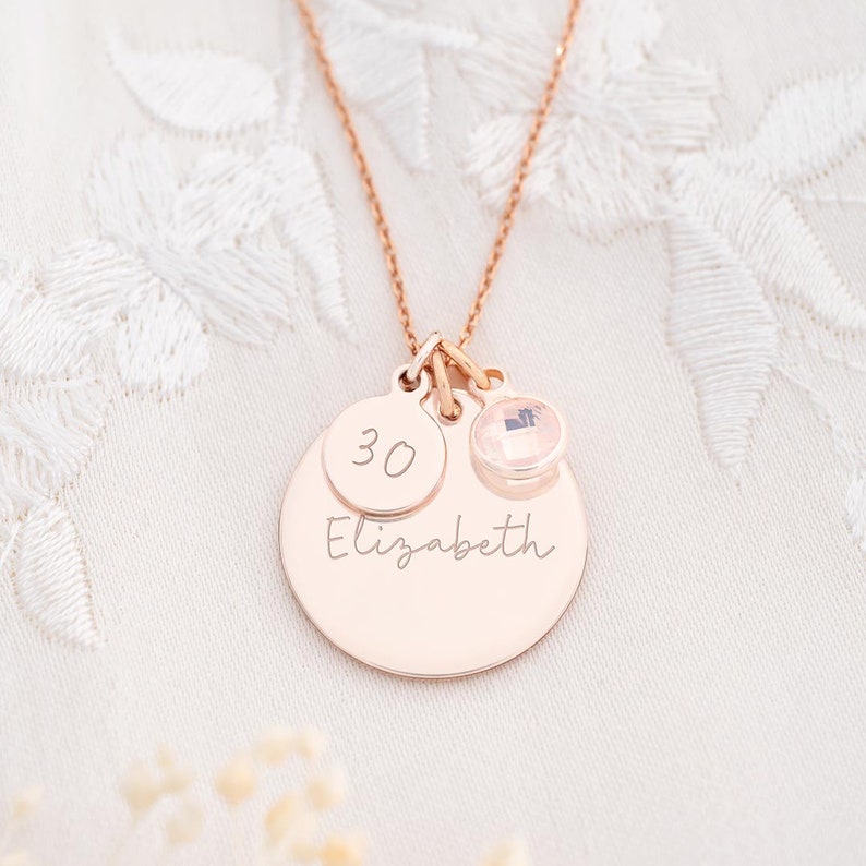 Rose gold Birthday Disc Name Necklace, large disk with name engraved, small disk with age engraved and birthstone.