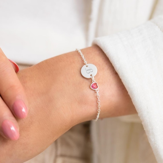 Initial Disc and Heart Birthstone Personalised Bracelet Crystal Bracelet Gift for Her Wedding Gift Bloom Boutique Etsy