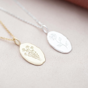 One Gold Plated Sterling Silver Oval Birth Flower Personalised Necklace and one Sterling Silver Oval Birth Flower Personalised Necklace