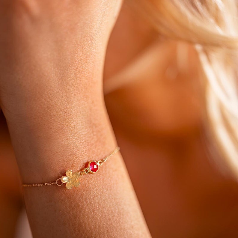 Gold Plated Flower Charm and Birthstone Personalised Slider Bracelet