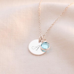 Script Style Initial on Silver Disc Necklace with Birthstone charm