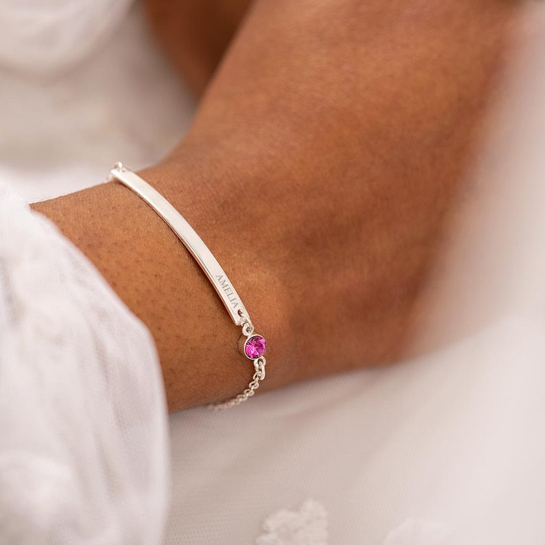 Model wearing Silver Plated Birthstone and Bar Personalised Bracelet