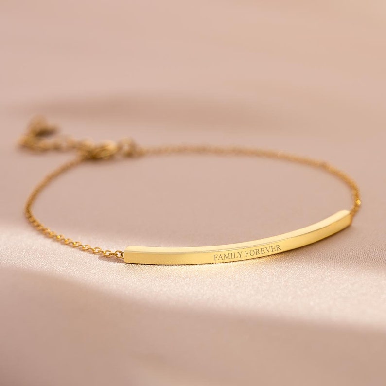Gold Personalised Curved Skinny Bar Message Bracelet