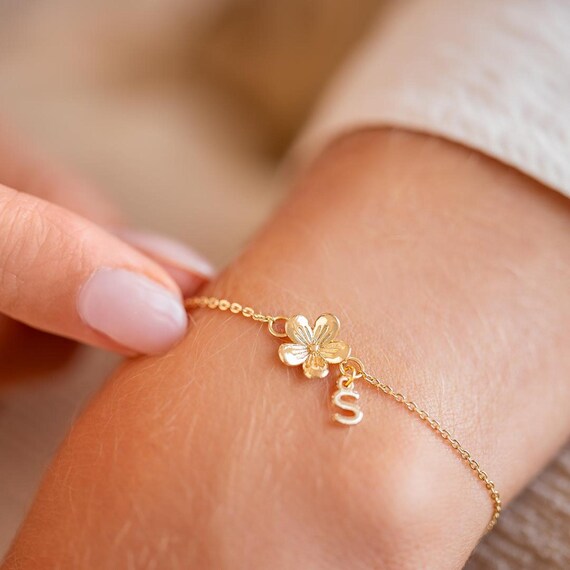 Flower Charm and Mini Letter Personalised Slider Bracelet Initial Jewellery Gift for Her Wedding Gift Bloom Boutique Etsy UK