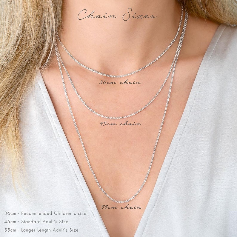 Chain size guide showing 3 chain lengths (36cm, 45cm, 55cm) around model's neck
