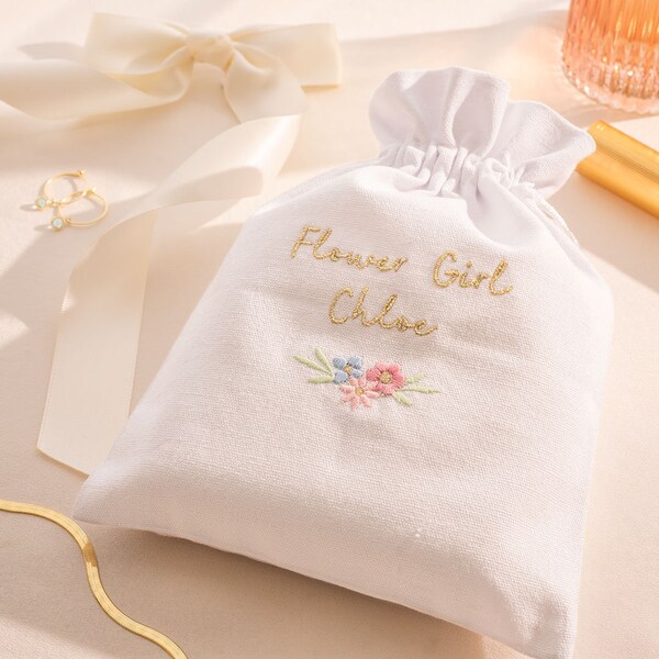 Flower Girl Luxury Embroidered Wedding Personalised Gift Pouch • Cotton Bag • Gift For Her • Wedding Gift • Bloom Boutique
