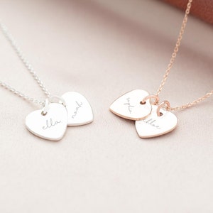 Two Personalised Double Heart Name Necklaces, One Silver Colourway One Rose Gold Colourway