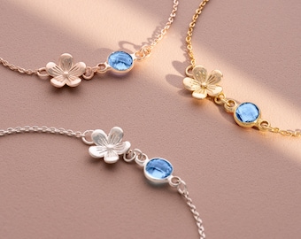 Flower Charm and September Birthstone Personalised Slider Bracelet • Sapphire Birthstone • Gift For Her • Wedding Gift • Bloom Boutique