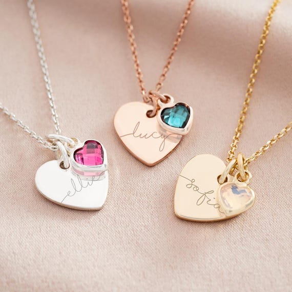 Esme Heart and Heart Birthstone Personalised Name Necklace Mother s Day Gift Gift For Her Wedding Gift Bloom Boutique
