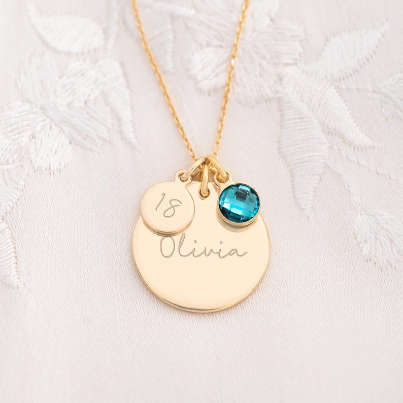 Gold Birthday Disc Name Necklace, large disk with name engraved, small disk with age engraved and birthstone.