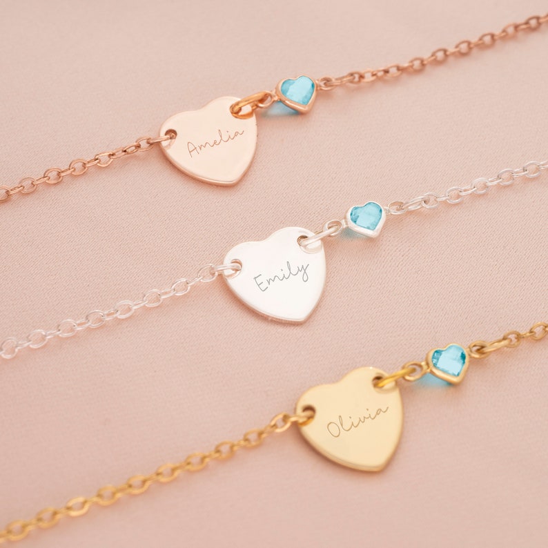 Chloe Heart and March Heart Birthstone Personalised Bracelet Friendship Jewellery Gift For Her Wedding Gift Bloom Boutique image 1