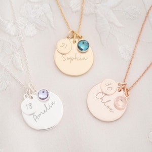 Personalised Birthday Disc Name Necklace in Silver Plated, Gold Plated and Rose Gold Plated