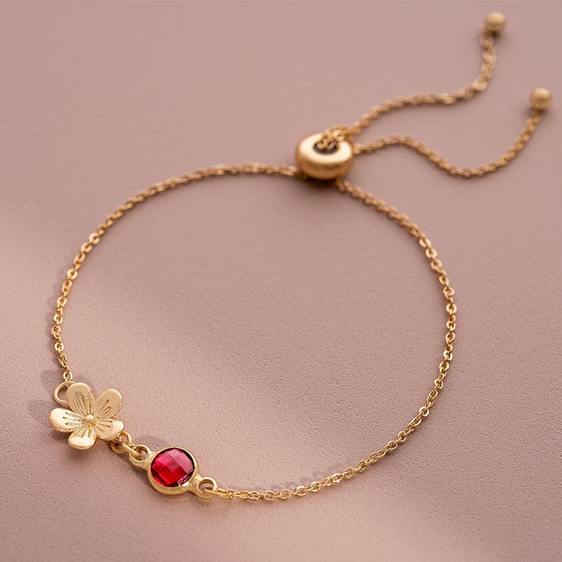 Gold Plated Flower Charm and Birthstone Personalised Slider Bracelet