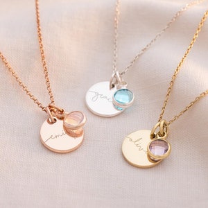 Three Disc Necklaces customised with a name and Birthstone, one rose gold, one silver, one gold