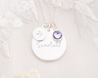 Gepersonaliseerde 21e verjaardag schijf naam ketting • Handgemaakt cadeau • Cadeau voor haar • Verjaardagscadeau • Bloom Boutique