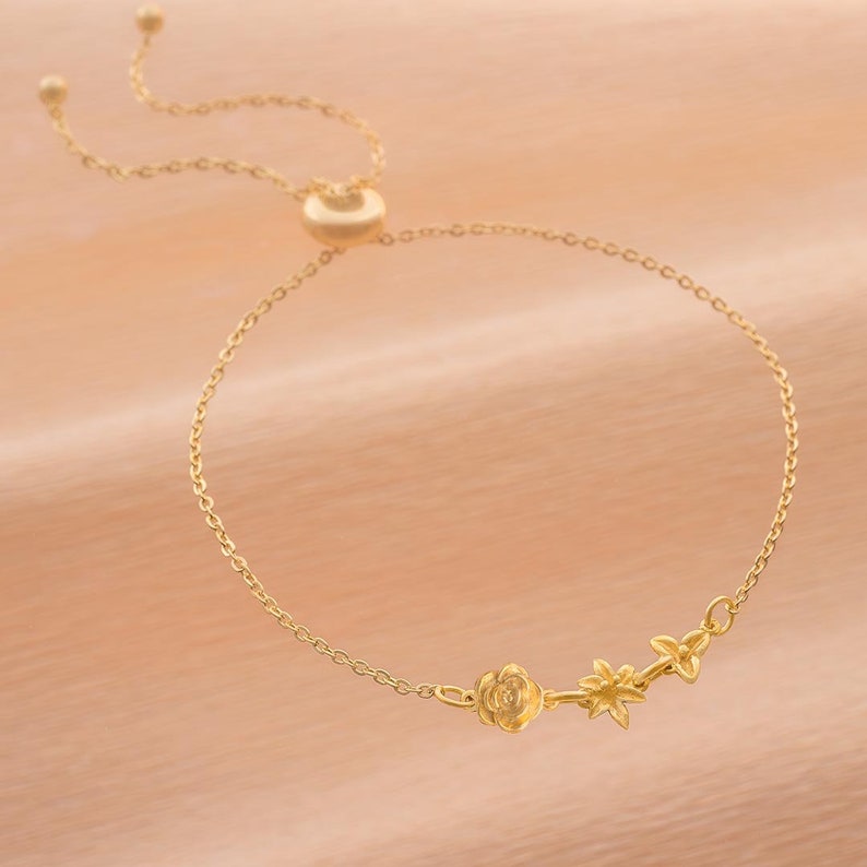 Gold Plated Sterling Silver Birth Flower Slider Bracelet with 3 Birth Flower Charms