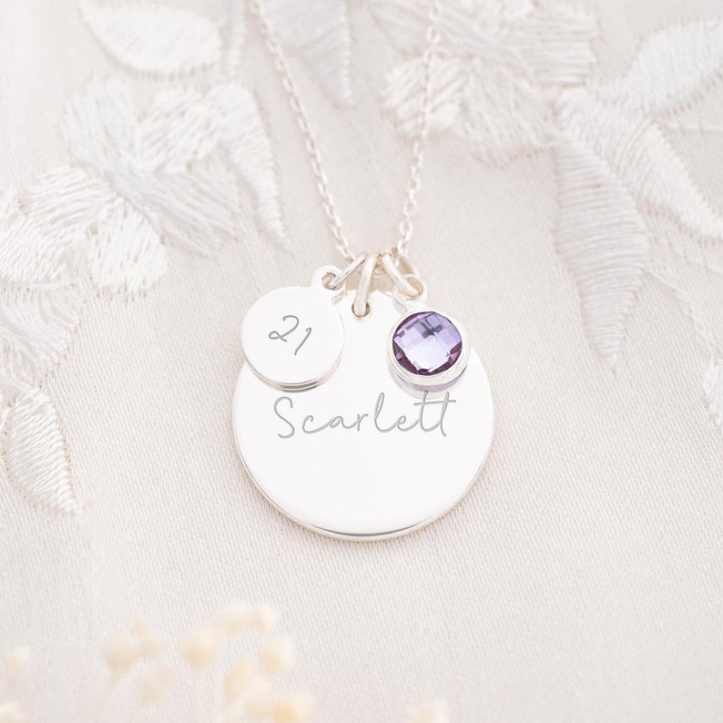 Silver Birthday Disc Name Necklace, large disk with name engraved, small disk with age engraved and birthstone.