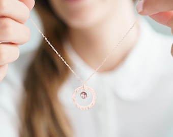 Rose Gold Hammered Halo Birthstone Personalised Necklace • Crystal Jewellery • Gift For Her • Birthday Gift • Bloom Boutique