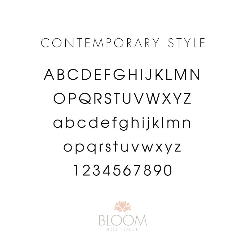 An example of the font used for your personalisation. Example of alphabet and Numbers in Contemporary Font.