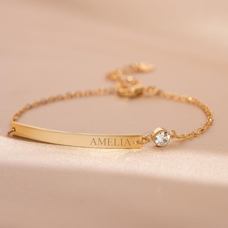 Birthstone and Bar Personalised Bracelet Bar Jewellery Gift For Her Wedding Gift Bloom Boutique zdjęcie 4