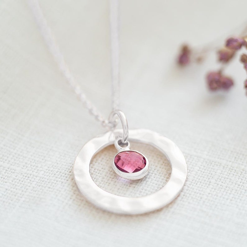 Silver Plated Hammered Halo Birthstone Personalised Necklace